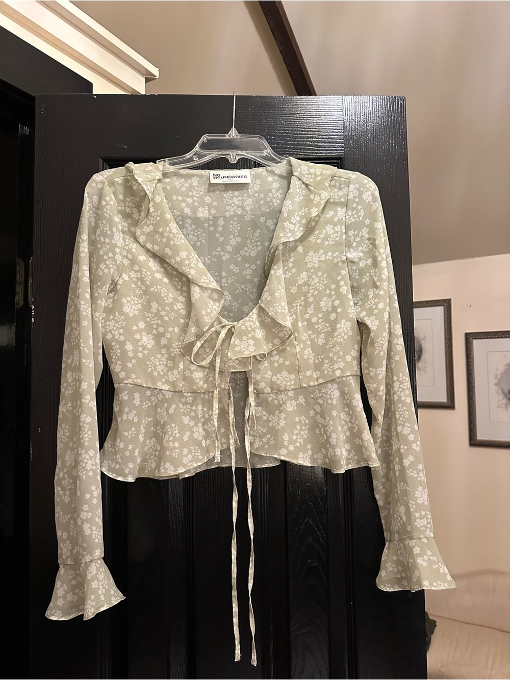 No Boundaries Sage Green Floral Ruffle Tie-Front Blouse